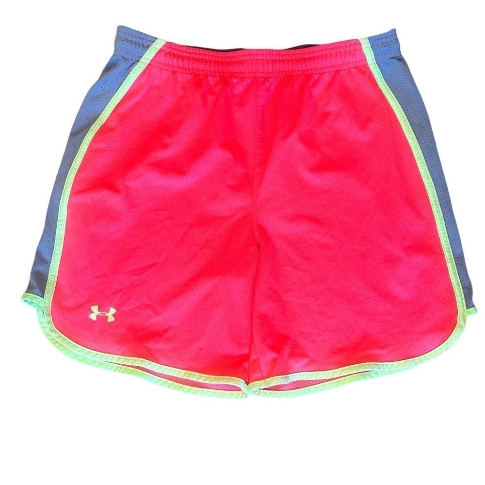 EUC Under Armour Womens Heat Gear Loose Fit Shorts Coral/Yellow/Gray Medium